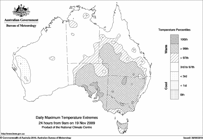 Australian daily maximum temperature extreme area maps