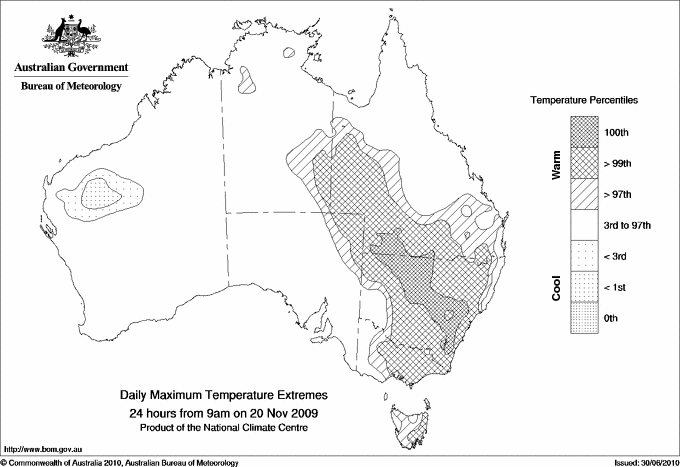 Australian daily maximum temperature extreme area maps