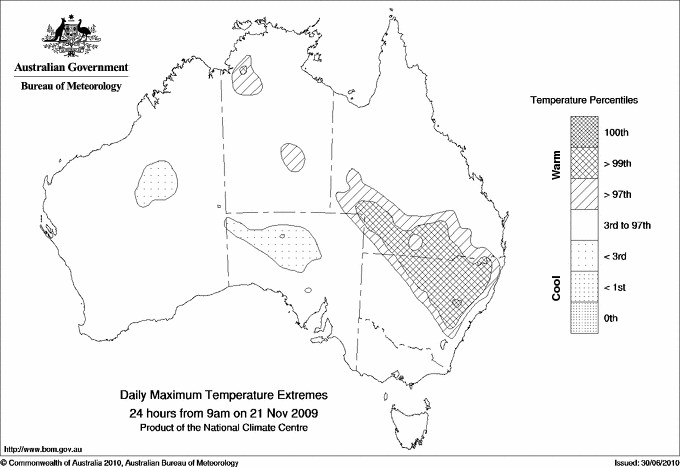 Australian daily maximum temperature extreme area maps