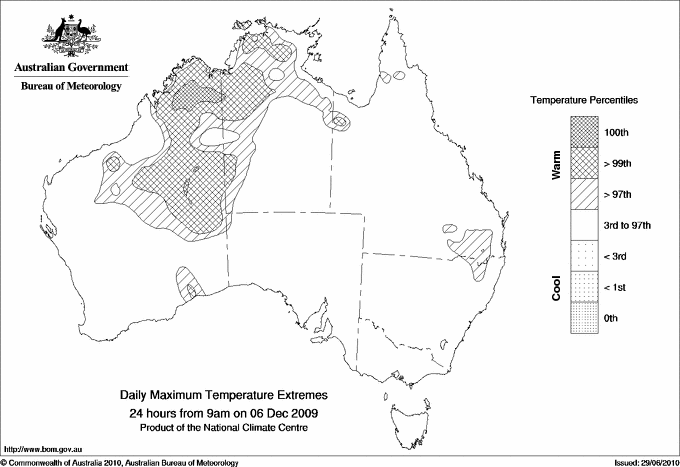 Australian daily maximum temperature extreme area maps