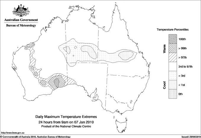 Australian daily maximum temperature extreme area maps