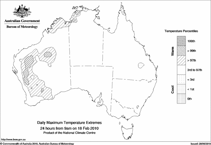 Australian daily maximum temperature extreme area maps