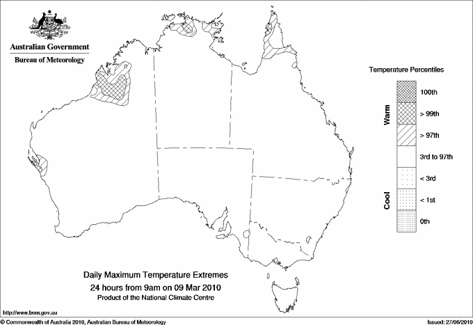 Australian daily maximum temperature extreme area maps