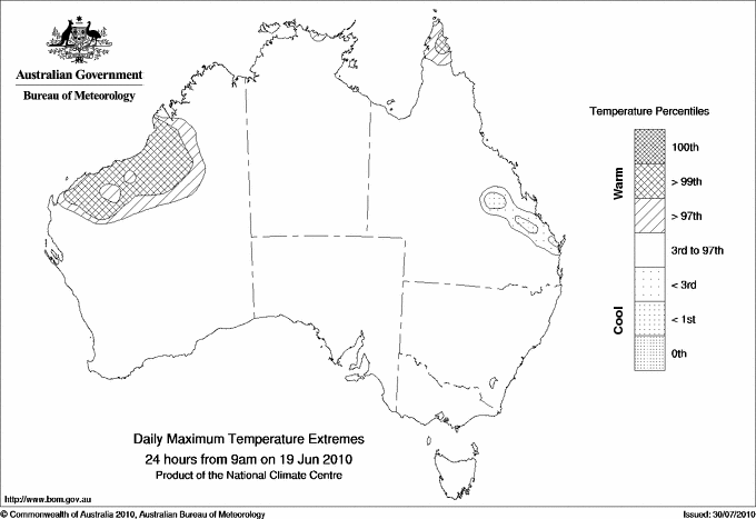 Australian daily maximum temperature extreme area maps