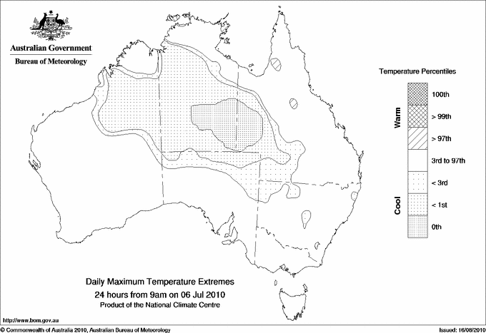 Australian daily maximum temperature extreme area maps