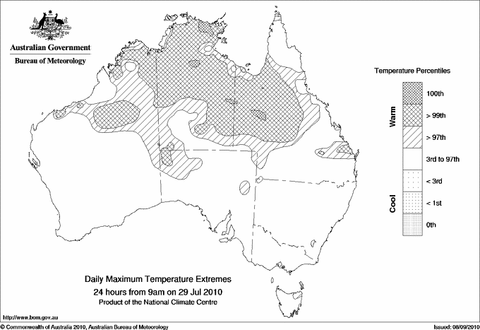 Australian daily maximum temperature extreme area maps