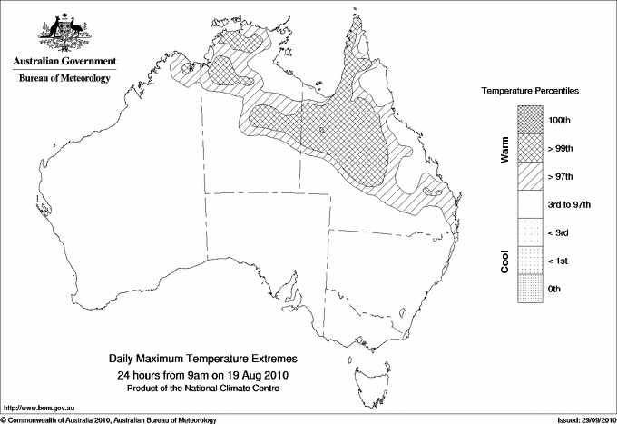 Australian daily maximum temperature extreme area maps