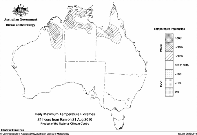 Australian daily maximum temperature extreme area maps
