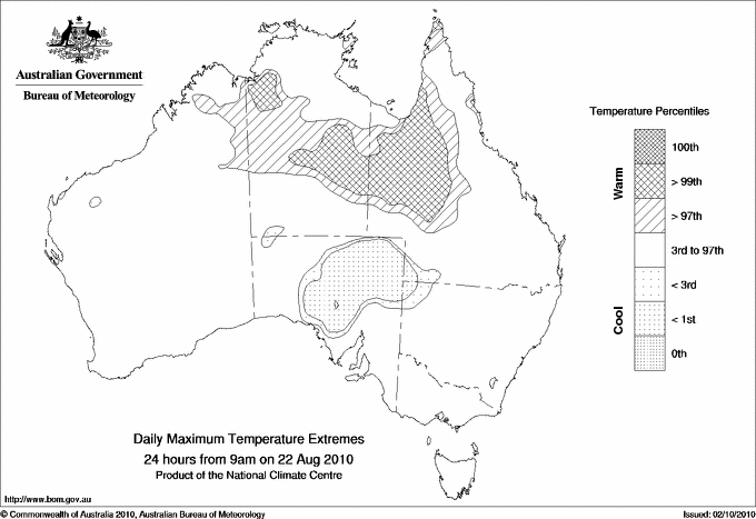 Australian daily maximum temperature extreme area maps