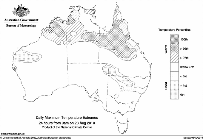 Australian daily maximum temperature extreme area maps