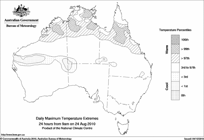 Australian daily maximum temperature extreme area maps