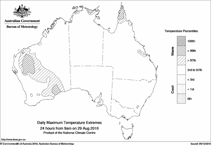 Australian daily maximum temperature extreme area maps
