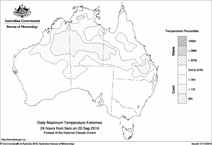 Australian daily maximum temperature extreme area maps