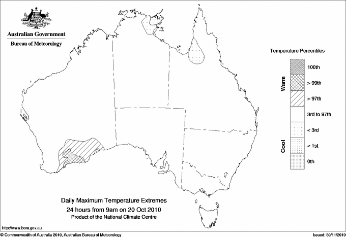 Australian daily maximum temperature extreme area maps