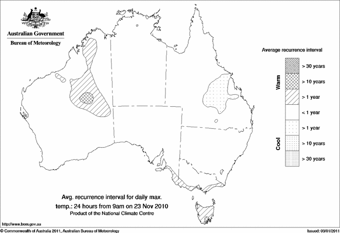 Australian daily maximum temperature average recurrence interval maps