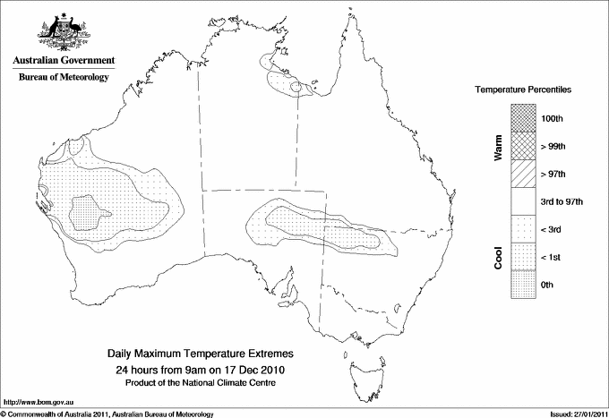Australian daily maximum temperature extreme area maps