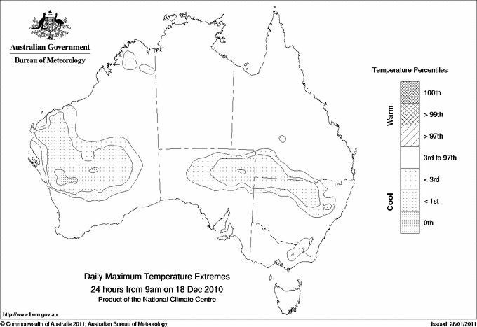 Australian daily maximum temperature extreme area maps