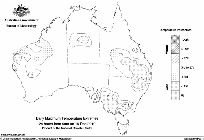 Australian daily maximum temperature extreme area maps