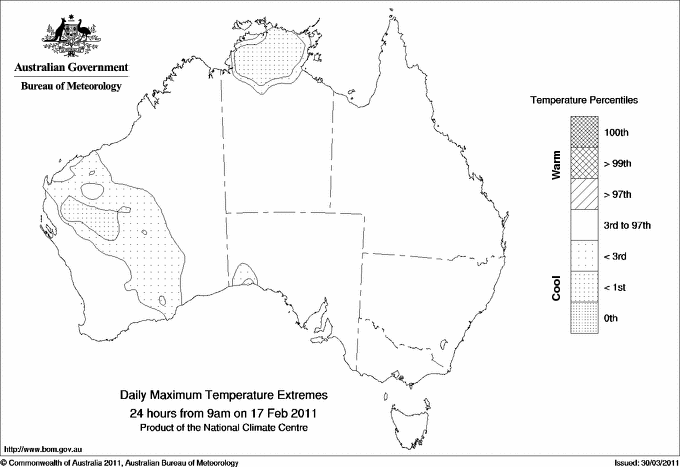 Australian daily maximum temperature extreme area maps