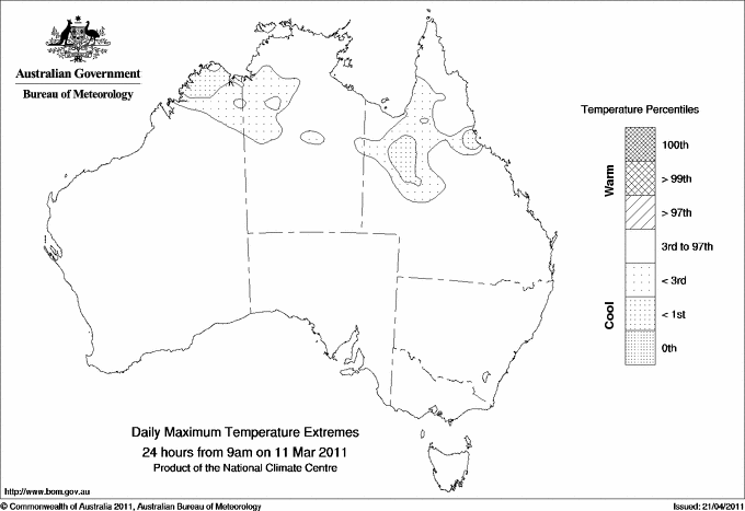 Australian daily maximum temperature extreme area maps