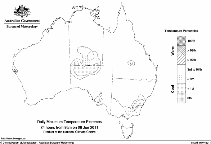 Australian daily maximum temperature extreme area maps