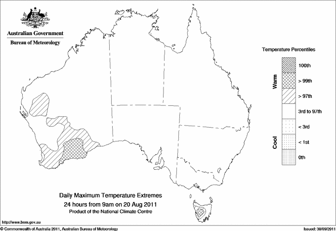 Australian daily maximum temperature extreme area maps