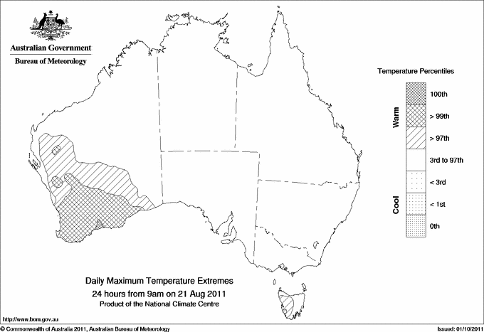 Australian daily maximum temperature extreme area maps