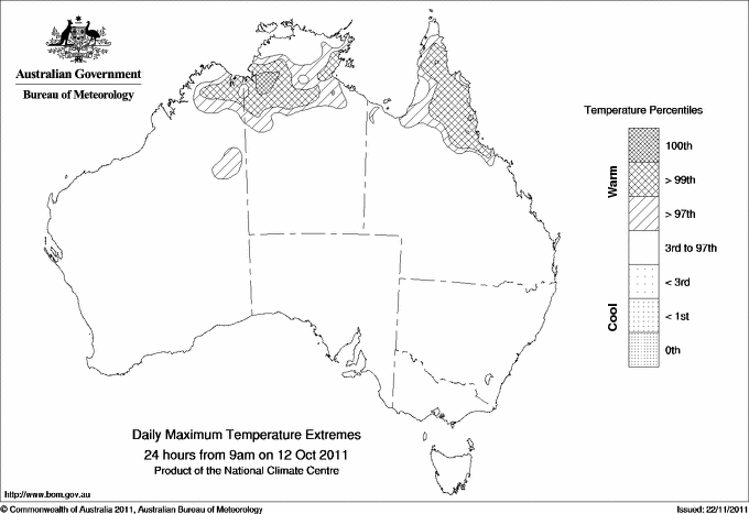 Australian daily maximum temperature extreme area maps
