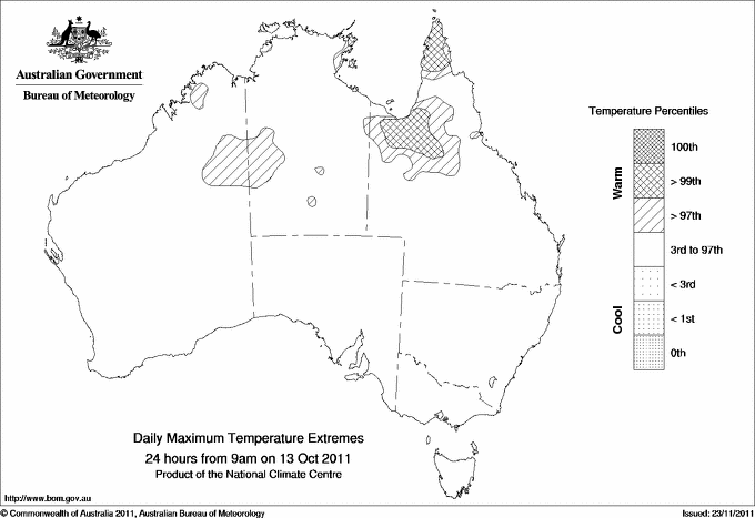 Australian daily maximum temperature extreme area maps