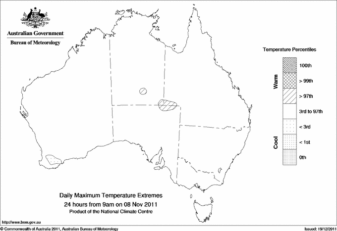 Australian daily maximum temperature extreme area maps