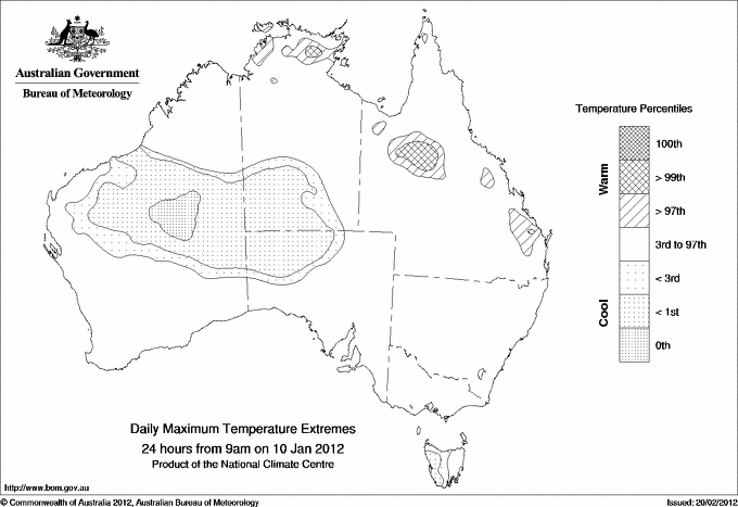 Australian daily maximum temperature extreme area maps