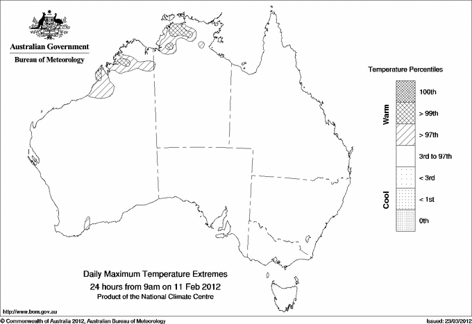 Australian daily maximum temperature extreme area maps