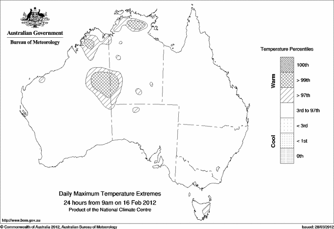 Australian daily maximum temperature extreme area maps