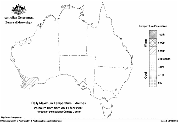 Australian daily maximum temperature extreme area maps