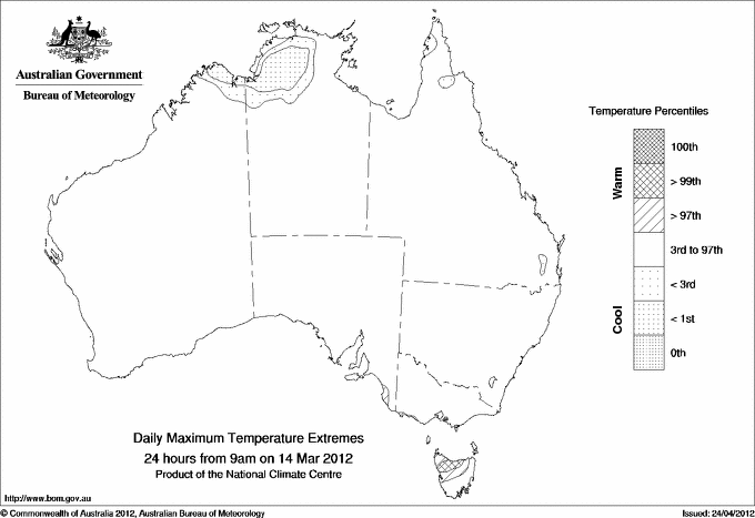 Australian daily maximum temperature extreme area maps