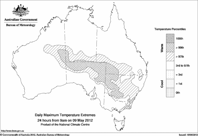 Australian daily maximum temperature extreme area maps