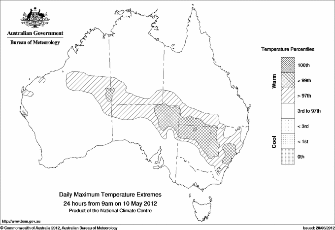 Australian daily maximum temperature extreme area maps