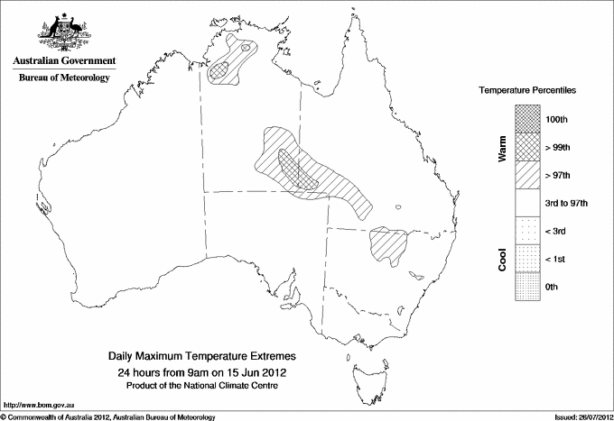 Australian daily maximum temperature extreme area maps