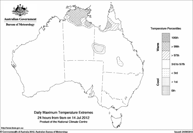 Australian daily maximum temperature extreme area maps