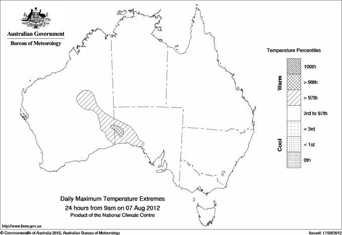 Australian daily maximum temperature extreme area maps