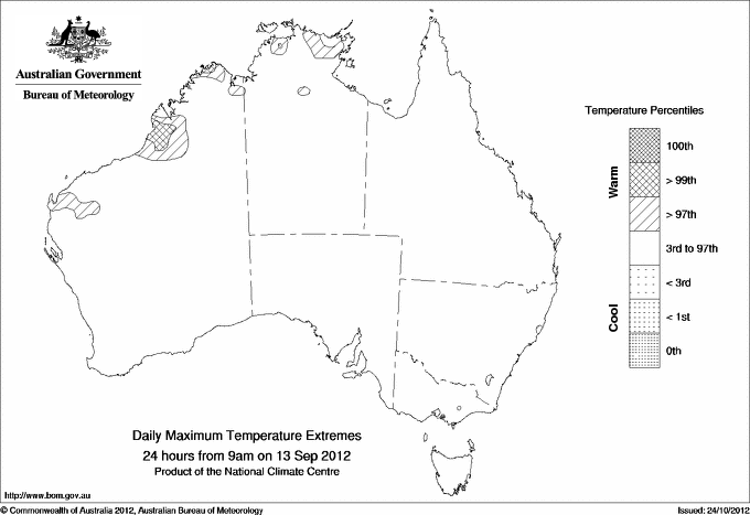 Australian daily maximum temperature extreme area maps