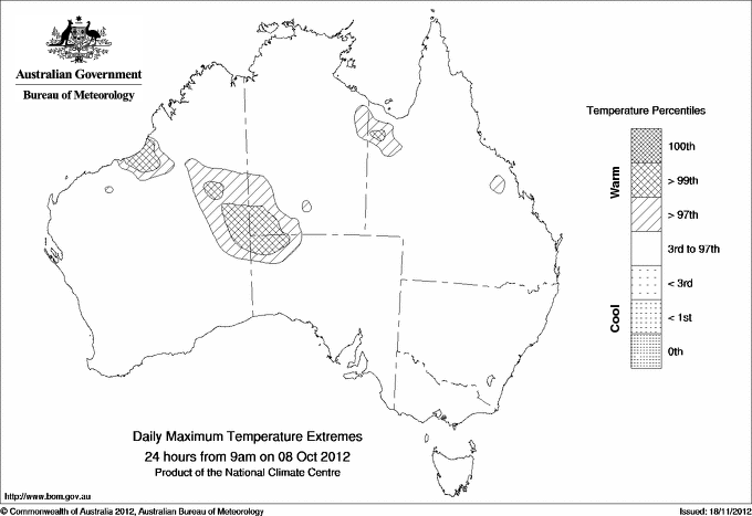 Australian daily maximum temperature extreme area maps