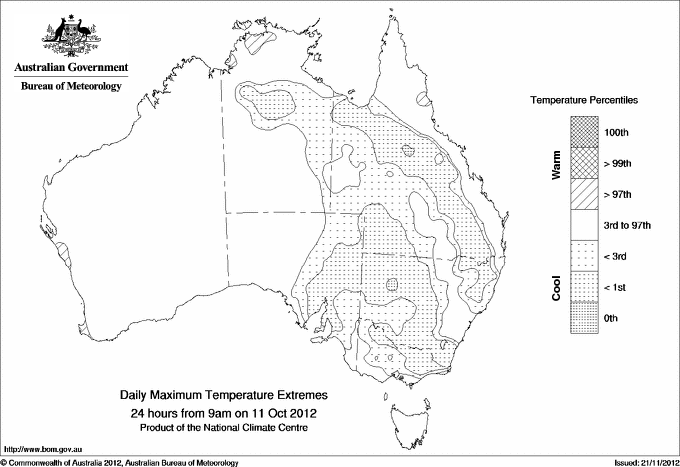Australian daily maximum temperature extreme area maps