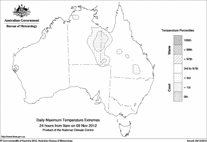 Australian daily maximum temperature extreme area maps
