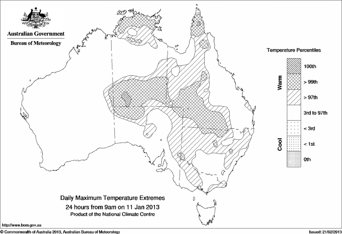 Australian daily maximum temperature extreme area maps