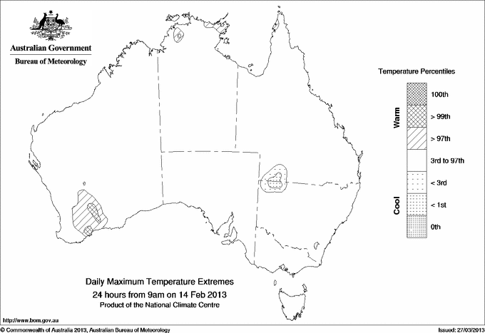Australian daily maximum temperature extreme area maps