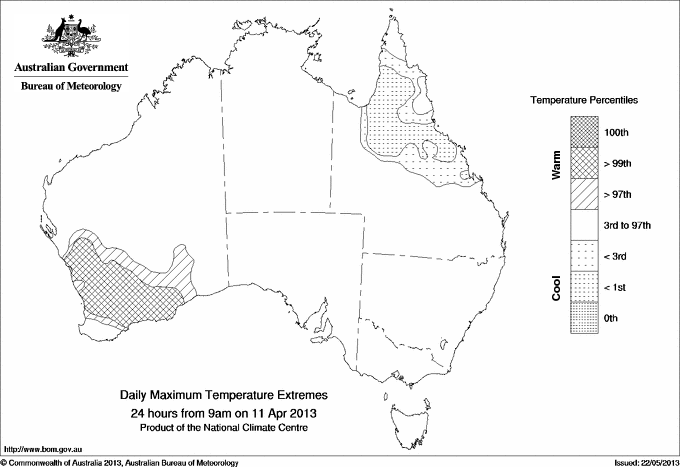 Australian daily maximum temperature extreme area maps