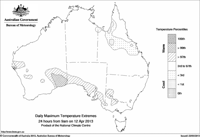 Australian daily maximum temperature extreme area maps