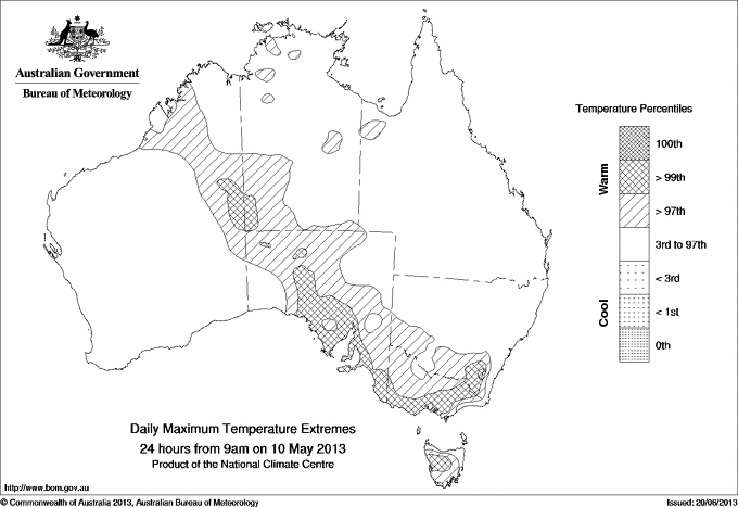 Australian daily maximum temperature extreme area maps