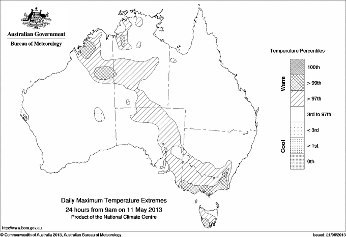 Australian daily maximum temperature extreme area maps